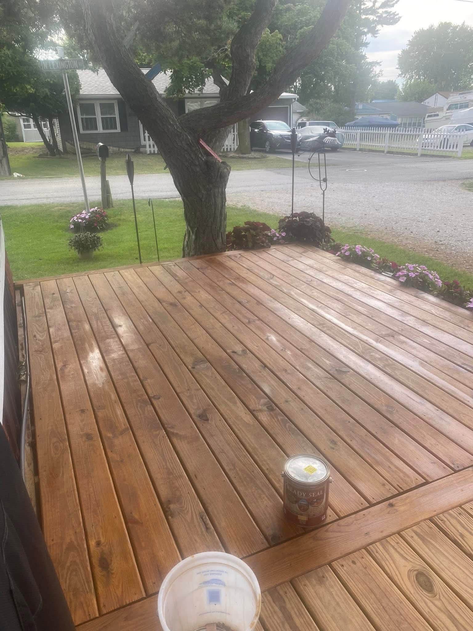 Freshly finished wood deck boards at a Marine City mobile home remodel